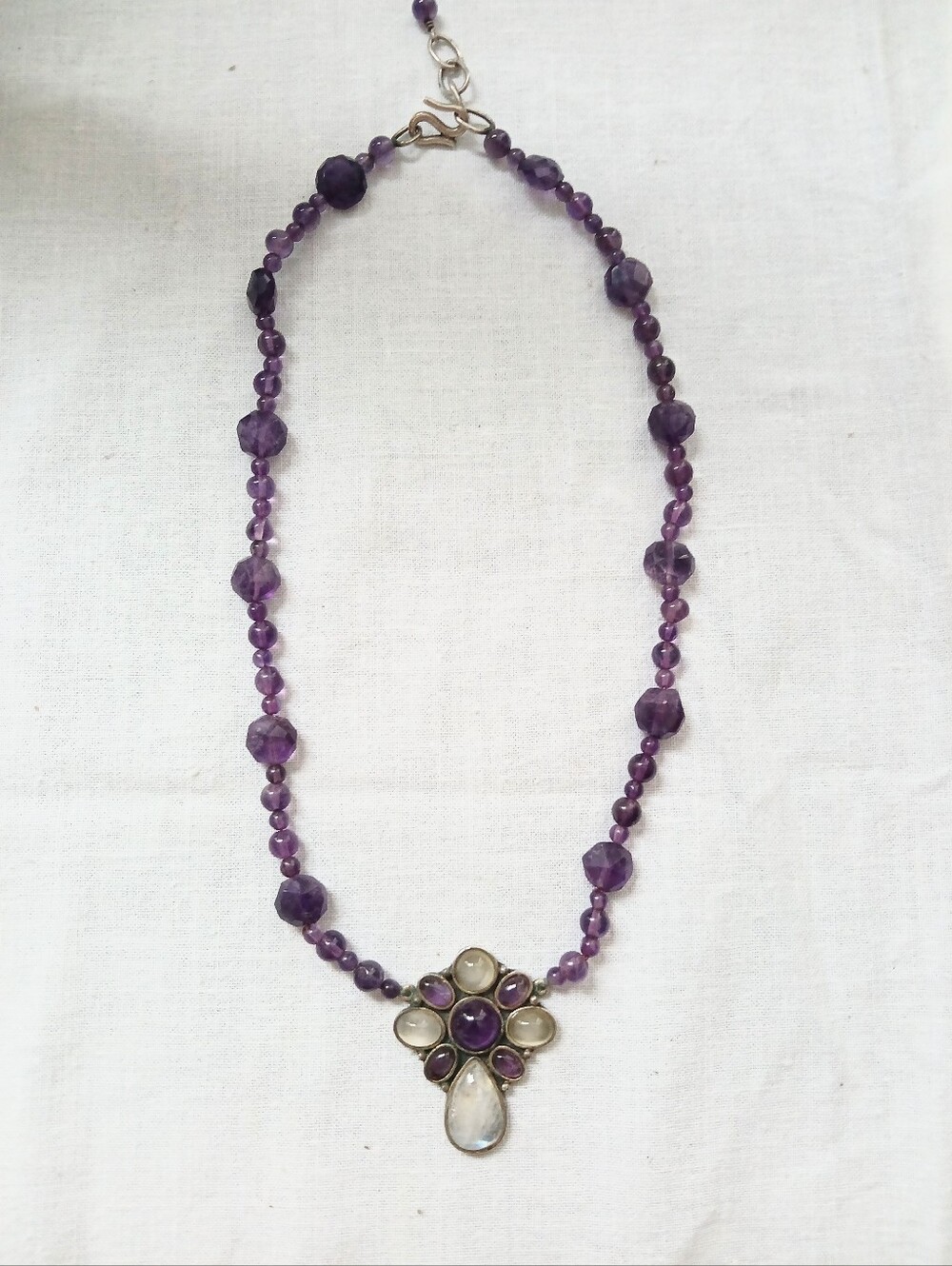 Vintage Purple Bead Necklace w/ Amethyst Pendant Set in 925 Sterling & Signed
